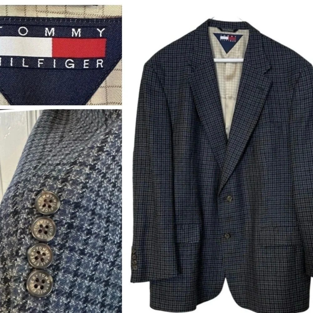 Tommy Hilfiger Blazer Plaid Blue Gray Wool Lined Two Button Houndstooth Size 44R